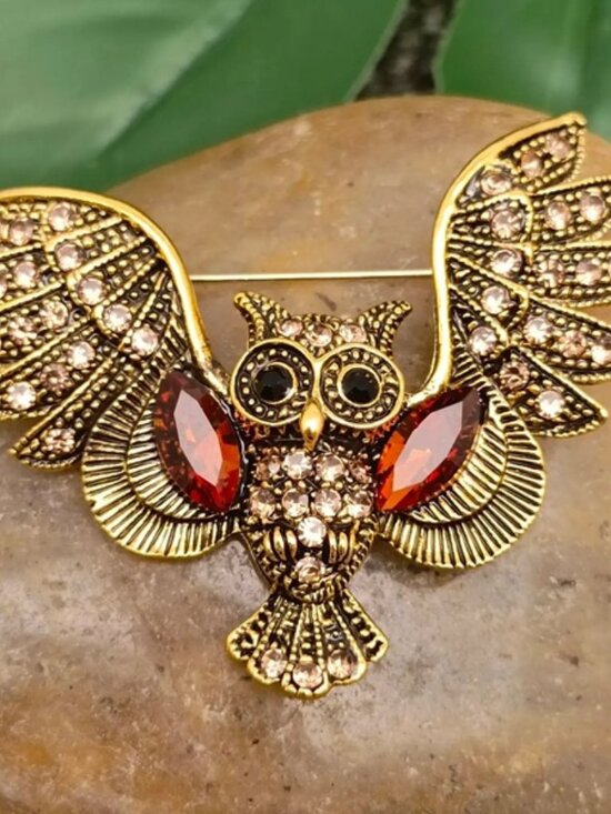 Jewelry - DESIGNER Retro Gold Fall Owl Moon Champagne/Red/Black Crystal Brooch Pin**NEW!